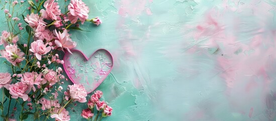 Wall Mural - A unique Valentine s Day backdrop featuring pink flowers and a paper heart on a vibrant pastel background in a top down view It embodies a spring or summer garden theme ideal for Woman s Day gifts wi