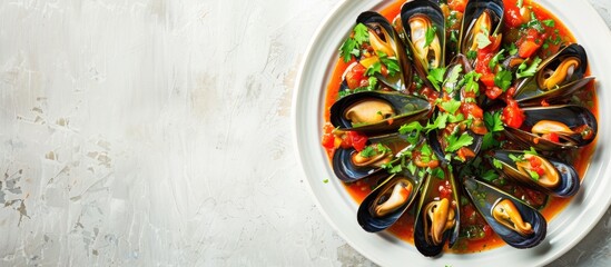 Aufkleber - Green mussels in marinara sauce on a plain white backdrop with copy space image available