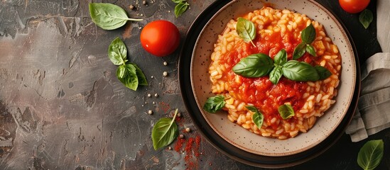 Aufkleber - A table displaying Italian risotto in tomato sauce with ample copy space image available