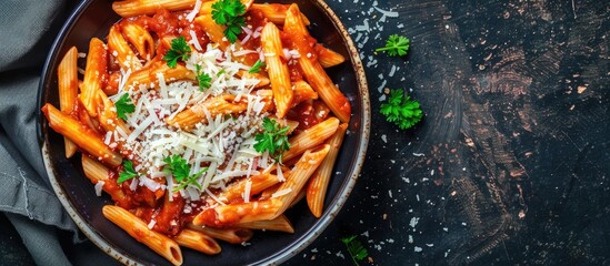 Poster - Top down view of homemade Penne Alla Vodka made with leftover sauce garnished with cheese and parsley in a flat lay composition Includes copy space image