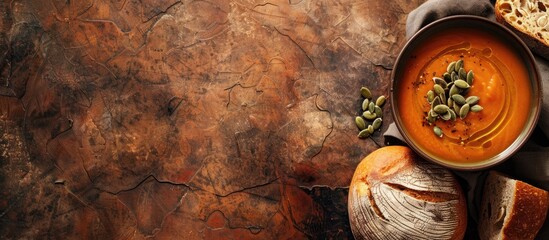 Aufkleber - Top down view of a rustic bread roasted pumpkin seeds and homemade pumpkin puree soup over a textured brown surface with a clear area for adding more details like a copy space image