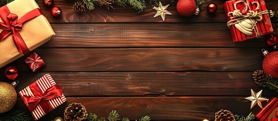 Poster - Christmas gifts and decorations displayed on a wooden background in a copy space image