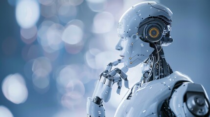 Poster - Sophisticated robot in blue-toned environment, contemplating with bokeh lights. Symbolizes future of AI and technology.