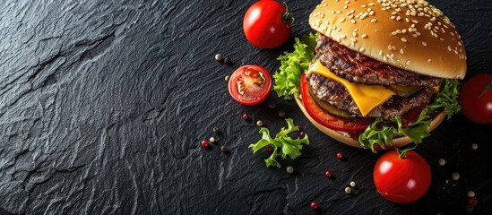 Aufkleber - Gourmet hamburger displayed on a black background with available copy space image