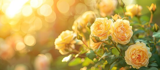 Leinwandbilder - Bright early summer light illuminating vibrant yellow roses with a beautiful copy space image