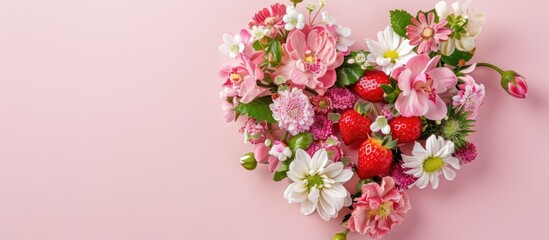 Poster - Top view of a heart shaped arrangement featuring pink and white flowers along with a strawberry set against a pastel pink backdrop creating a festive concept with copy space image