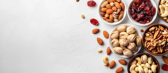 Poster - Top view of healthy nuts and dried fruits on a white backdrop offering antioxidants and vitamins for a nutritious vegetarian diet with room for a copy space image