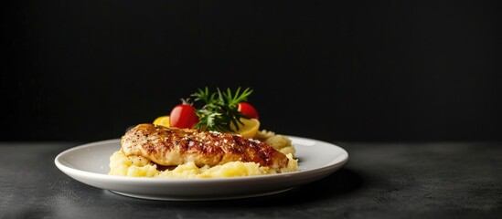 Aufkleber - Escalope and mashed potatoes on a white plate set against a black background creating a striking copy space image