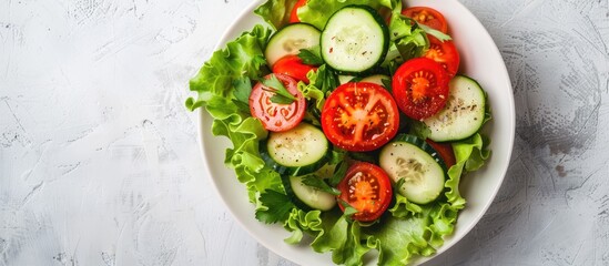 Wall Mural - A top down view of a fresh vegetable salad containing tomatoes lettuce and cucumbers displayed on a light background with room for additional text or images