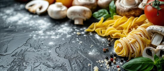 Aufkleber - Close up of delectable pasta and mushrooms displayed on a black table with copy space image