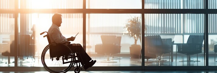 Aufkleber - Silhouette of a man in a wheelchair using a tablet in a spacious office. Emphasis on accessibility and workplace inclusion.