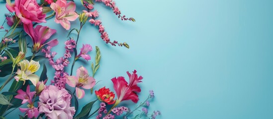 Aufkleber - Table with lovely flowers on a blue backdrop with a vacant section for text alongside a image. with copy space image. Place for adding text or design