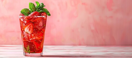 Poster - A refreshing strawberry cocktail garnished with fruit slices and mint served in a misted glass on a white wooden table against a pink wall with copy space image