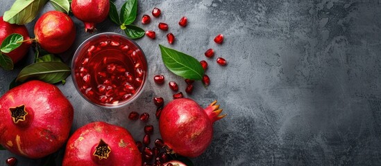 Leinwandbilder - A glass of pomegranate juice with fresh fruits on a gray concrete backdrop representing a healthy drink idea with room for text or images. with copy space image. Place for adding text or design