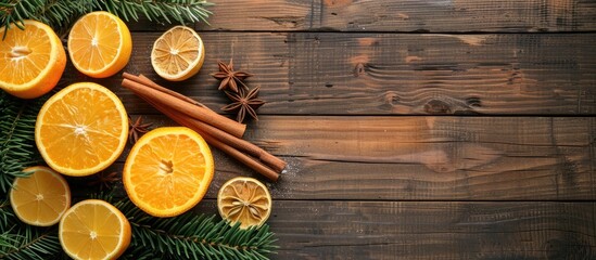Aufkleber - Citrus fruits spices and pine branches arranged on a wooden backdrop with copy space image