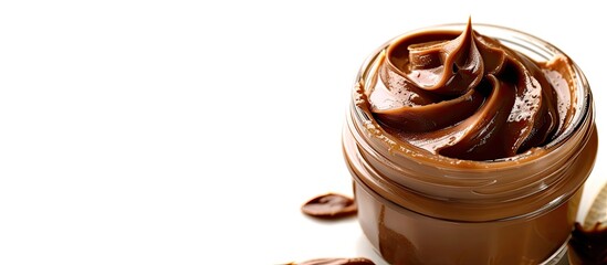 Leinwandbilder - Chocolate peanut butter spread in a glass jar isolated on a white background with a blank space for adding text or other elements in the image. with copy space image. Place for adding text or design