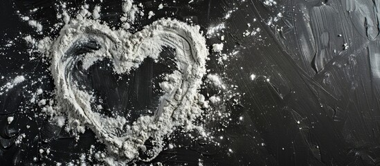 Aufkleber - Heart shape drawn on flour on black backdrop in a top down view with copy space image