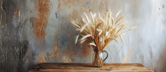 Poster - Wheat bouquet displayed on a wooden table creating a rustic harvest themed copy space image