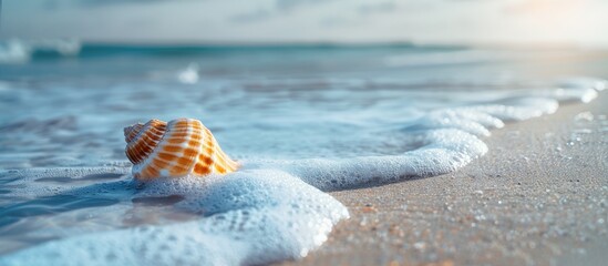 Aufkleber - A seashell rests on the sandy beach with gentle waves creating a tranquil backdrop setting ideal for a beautiful copy space image