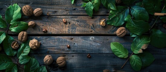 Aufkleber - Vintage wooden table adorned with walnuts and leaves creating a rustic setting with copy space image