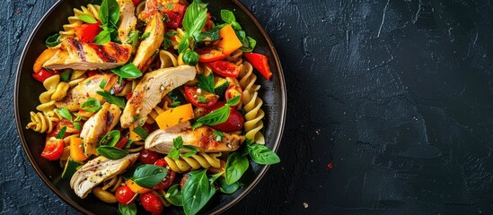 Aufkleber - Healthy chicken salad served with pasta and vegetables beautifully displayed for a top down view with copy space image
