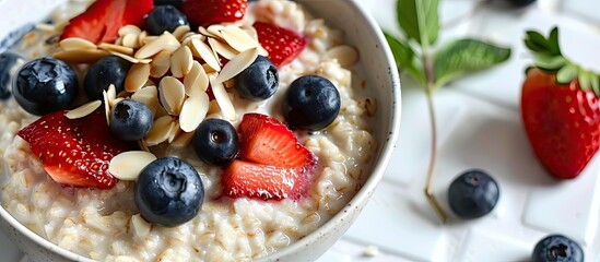 Aufkleber - A delicious bowl of oatmeal topped with strawberries blueberries and almond petals on a white tiled table in a close up image with an available area for text. with copy space image