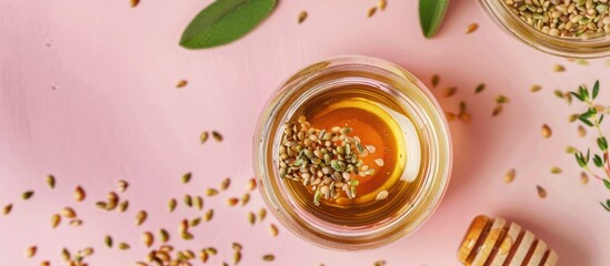 Poster - Top down view of a jar filled with seeds and honey on a pink background suitable for web banners with ample copy space image