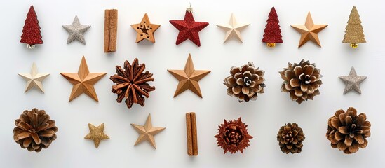 Poster - Festive wooden Christmas decorations and stars arranged on a white background capturing the essence of the Christmas season with a flat lay top view composition featuring copy space image