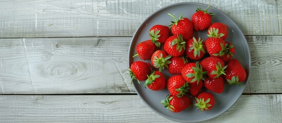 Poster - A vibrant array of ripe strawberries is placed on a gray plate against a light wooden backdrop creating a vibrant copy space image with a focus on a juicy red berry promoting healthy vegetarian detox
