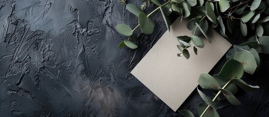Poster - Elegant table arrangement with eucalyptus branch and blank card on a dark backdrop ideal for a copy space image