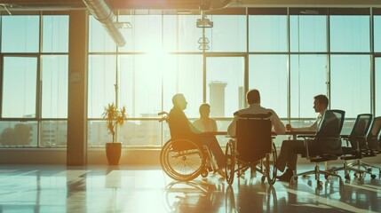 Aufkleber - Team meeting with two men in wheelchairs in modern office. Emphasizing workplace inclusion and accessibility.