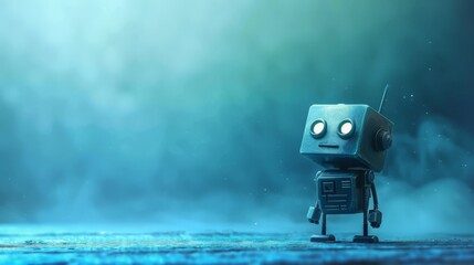 Poster - Retro-style small robot standing in a misty environment with a nostalgic feel. Represents a blend of vintage design and futuristic technology.
