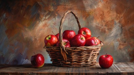 Canvas Print - Red organic apples in a basket on the aged table