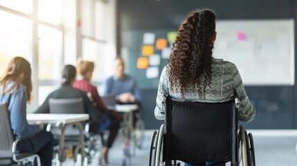 Aufkleber - Rear view of a woman in a wheelchair attending a meeting in a bright, modern office. Highlighting workplace inclusion and collaboration.