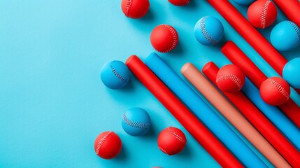 Poster - Simple diamond-shaped baseball field with geometric bats and balls in bright red and blue colors Stock Photo with copy space