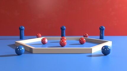 Poster - Simple diamond-shaped baseball field with geometric bats and balls in bright red and blue colors Stock Photo with copy space