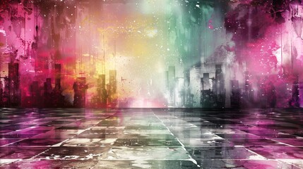 Aufkleber - Abstract breaking dance floor with graffiti-style elements and geometric dance moves in bright purple and green tones Stock Photo with copy space