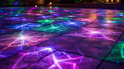 Aufkleber - Abstract breaking dance floor with graffiti-style elements and geometric dance moves in bright purple and green tones Stock Photo with copy space