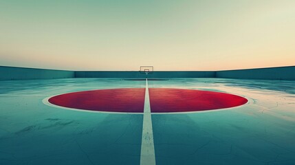 Poster - Minimalist handball court with clean lines and circular goal patterns in bright blue and red tones Stock Photo with copy space