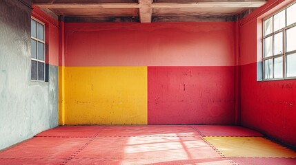 Poster - Simple karate dojo with minimalist mat designs and belt patterns in vibrant red and yellow Stock Photo with copy space