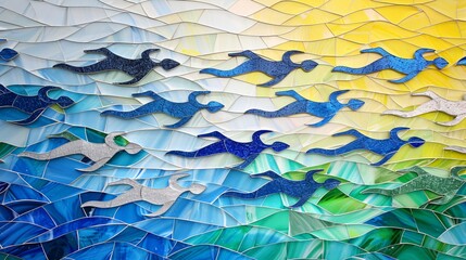 Aufkleber - Abstract marathon swimming course with wave-like patterns and streamlined swimmer shapes in bright blue and green Stock Photo with copy space
