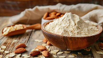 Fresh almond flour in bowl and wooden scoop and nuts on wooden table  with copy space.