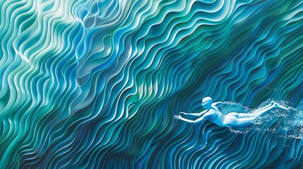 Aufkleber - Abstract marathon swimming course with wave-like patterns and streamlined swimmer shapes in bright blue and green Stock Photo with copy space