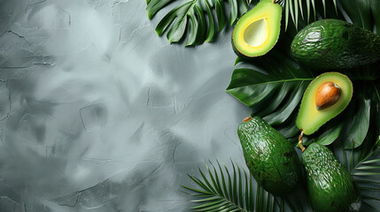 Wall Mural - top view flat lay Fresh avocados and palm leaves on plain background with copy space.