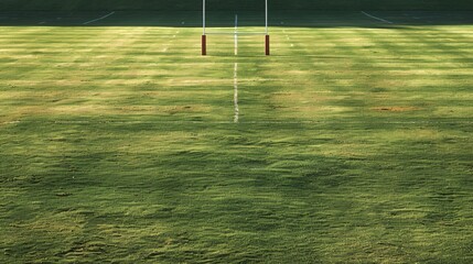 Aufkleber - Clean rugby sevens field with geometric goalposts and oval ball shapes in bright red and green tones Stock Photo with copy space