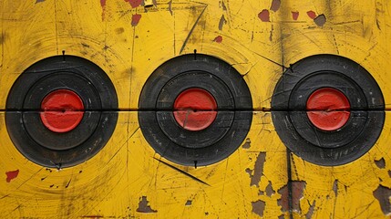 Aufkleber - Simple shooting targets and guns with circular target patterns and straight range lines in bright red and yellow Stock Photo with copy space