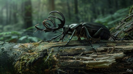 Wall Mural - A stag beetle with five horns on a cluster of fallen tree branches, with a dense forest background.