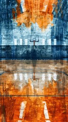 Aufkleber - Clean and modern illustration of a basketball court with circular hoops and geometric ball shapes in bright orange and blue Stock Photo with copy space
