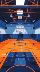 Aufkleber - Clean and modern illustration of a basketball court with circular hoops and geometric ball shapes in bright orange and blue Stock Photo with copy space