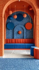Aufkleber - Clean and modern illustration of a basketball court with circular hoops and geometric ball shapes in bright orange and blue Stock Photo with copy space